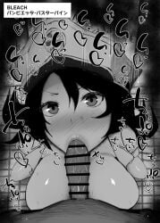 1boy :>= bambietta_basterbine bar_censor bleach blush breasts censored copyright_name erection fellatio female greyscale hat kurotama large_breasts long_hair looking_at_viewer mixed-language_text monochrome nose_blush oral peaked_cap penis pov pov_crotch saliva solo_focus squatting straight sweat tile_floor tiles