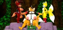 2boys 2girls anthro anti_tails big_ass big_balls big_breasts big_penis blueapple cum_in_pussy cum_on_body cum_on_face dumptruck_ass fiona_fox foursome futanari mobian_(species) scourge_the_hedgehog tails tails