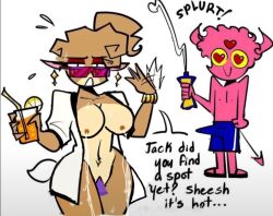 bathing_suit belly_button big_breasts coat_only cum deer demon dildo_in_pussy drink earrings erection erection_under_clothes furry lactating lactation love_eyes slippers sunglasses sweating thick_thighs