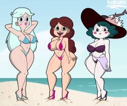 3girls angie_diaz arms_behind_back big_breasts bikini bikini_bottom bikini_top black_eyes blue_bikini blue_eyes bottomwear brown_hair dark_green_hair darkanya eclipsa_butterfly female female_only footwear full_body green_eyes hair hands_behind_head hat headwear heels high_heels hips huge_breasts large_breasts legs light_blue_hair lips lipstick long_hair mature mature_female mature_woman milf moon_butterfly multiple_girls multiple_milfs pink_bikini purple_bikini star_vs_the_forces_of_evil swimwear thighs topwear wide_hips