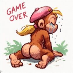 ai_generated ass barefoot blonde_hair crying defeated dixie_kong donkey_kong_(series) female furry game_over gameplay_mechanics monkey_girl tagme