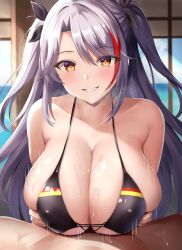 1boy asanagi_shion azur_lane bare_shoulders breasts cleavage collarbone female grey_hair hair_between_eyes highres huge_breasts long_hair looking_at_viewer multicolored_hair paizuri prinz_eugen_(azur_lane) red_hair smile solo_focus straight streaked_hair sweat two_side_up yellow_eyes