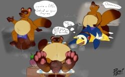 2boys absurd_res animal_crossing anthro avian bird canid canine chabwick_(animal_crossing) doggy_style duo english_text feet foot_focus from_behind_position gay gay_sex hi_res hyper lying male male/male male_only mammal nintendo nude obese overweight penguin pyne_(artist) raccoon_dog sex simple_background sitting solo tanuki text tom_nook