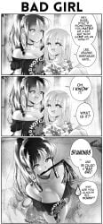 2girls band_shirt big_breasts cleavage comic couple dialogue earrings female female_only femsub girlfriends greyscale grs- hi_res horny ponytail sharon_(grs-) smile speech_bubble talia_(grs-) text willing_sub yuri