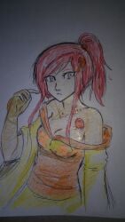 1girls big_eyes breasts cleavage exposed_shoulder female female_only grey_eyes lego ninja ninjago orange_clothes orange_clothing red_hair shoulders skylor_(ninjago) solo squira130 tournament_of_elements_(ninjago)