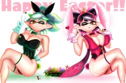 2girls big_breasts blowing_kiss breasts bunny_ears bunny_girl bunnysuit callie_(splatoon) cleavage clothed clothing easter easter_egg egg el_macho_20 female female_only gloves huge_breasts inkling inkling_girl leotard long_hair marie_(splatoon) splatoon squid_sisters thigh_strap thighs