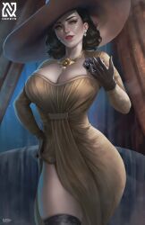 1girls 2021 2021s alcina_dimitrescu big_breasts black_gloves black_hair black_legwear blush capcom cleavage clothing detailed detailed_background digital_drawing_(artwork) dress dress_lift earring female female_focus female_only flower_on_chest hand_on_flower hat highres jewelry legwear lipstick looking_at_viewer mature_female necklace nopeys pulling_dress_down red_lipstick resident_evil resident_evil_8:_village solo thick_thighs thighs vampire vampire_girl white_dress white_skin wide_hips window yellow_eyes