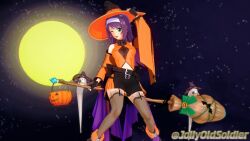 1girls 3d ;d bare_midriff bare_thighs basket belt breasts broom_riding detached_sleeves female female_only fingerless_gloves fire_emblem fire_emblem:_path_of_radiance fire_emblem:_radiant_dawn fire_emblem_heroes full_moon garter_straps ghost gloves green_eyes halloween halloween_bucket halloween_costume hat jollyoldsoldier long_hair long_sleeves looking_at_viewer medium_breasts mia_(fire_emblem) mia_(halloween)_(fire_emblem) midriff moon night nintendo one_eye_closed open_mouth outdoors pumpkin purple_hair riding sitting skirt smile solo thighhighs thighs wink witch witch_hat