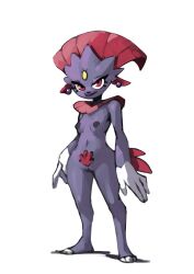 anthro bittenhard ear_piercing ear_ring eyelashes female generation_4_pokemon genitals gloves_(marking) hi_res markings nintendo nude piercing pokemon pokemon_(species) pubes purple_body pussy red_eyes ring_piercing simple_background smile smirk solo weavile white_background wide_hips