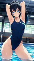 ai_generated armpits arms_behind_head arms_up ass bare_shoulders black_hair blue_eyes blue_hair demon_slayer genderswap_(mtf) hourglass_figure kimetsu_no_yaiba long_hair looking_at_viewer muichiro_tokitou one-piece_swimsuit partially_submerged ponytail pool thick_thighs thighs