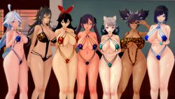 3d 6+girls 7girls alternate_breast_size amber_(genshin_impact) ass big_ass big_breasts bikini black_hair blue_eyes blush breasts brown_hair cleavage codeyumi dark-skinned_female dark_skin dehya_(genshin_impact) female female_only furina_(genshin_impact) genshin_impact hair_ornament hair_ribbon highres huge_breasts large_breasts light-skinned_female light_skin looking_at_viewer lynette_(genshin_impact) mona_(genshin_impact) multicolored_hair multiple_females multiple_girls one-piece_swimsuit pale-skinned_female pale_skin peace_sign short_hair spikes swimsuit taller_girl thick_thighs twintails v_sign white_hair wide_hips xinyan_(genshin_impact) yelan_(genshin_impact)