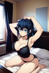 ai_generated armpits arms_behind_head arms_up ass bare_shoulders bed big_breasts black_hair blue_eyes blue_hair cleavage demon_slayer genderswap genderswap_(mtf) hourglass_figure kimetsu_no_yaiba lingerie long_hair looking_at_viewer muichiro_tokitou room rule_63 thick_thighs thighs window