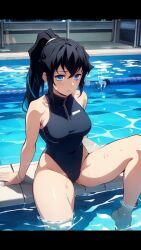 ai_generated bare_shoulders big_breasts black_hair blue_eyes blue_hair demon_slayer genderswap_(mtf) hourglass_figure kimetsu_no_yaiba long_hair looking_at_viewer muichiro_tokitou one-piece_swimsuit partially_submerged ponytail pool pussy sitting thick_thighs thighs