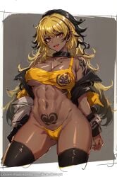 african_female ai_generated alexandhotdogai alternate_body_type alternate_breast_size alternate_costume alternate_hair_color blackwashed blonde_hair choker cleavage covered_breasts covered_nipples crop_top cropped_jacket dark-skinned_female dark_skin evil_grin evil_smile female female_focus female_only ganguro gyaru jacket jacket_open jewelry looking_at_viewer open_mouth perky_breasts perky_nipples personality_change personality_switch race_swap red_eyes revealing_clothes rwby shiny_skin stable_diffusion tan_body tan_skin tattoo tattoos thighhighs thighs thong tongue tongue_out transformation tsundere yang_xiao_long