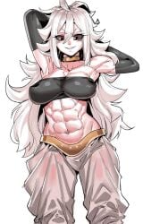 1girls 2023 abs android android_21 android_21_(evil) arc_system_works armpits arms_behind_head baggy_pants bandai_namco belly_button big_breasts choker dragon_ball dragon_ball_fighterz elbow_gloves fanart femme_fatale gamjasssak gold_choker gold_jewelry hair_between_eyes long_hair majin majin_android_21 messy_hair multiple_girls muscular muscular_arms nipples_visible_through_clothing perky_breasts pink_skin pose posing red_eyes silver_hair smile smiling_at_viewer tubetop voluptuous voluptuous_female vomi_(dragon_ball) white_hair