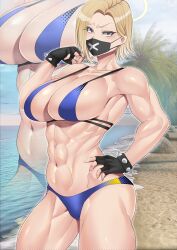 1girls abs beach big_breasts bikini blonde_hair blue_archive blue_bikini breasts busty curvaceous curvy curvy_body curvy_female curvy_figure female fingerless_gloves gloves huge_breasts large_breasts mask muscular_arms sukeban_(mg)_(blue_archive) teaindian voluptuous