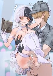 1boy after_kiss big_breasts black_hair blush book breasts bride brown_hair carry_position carrying carrying_another carrying_partner carrying_person carrying_position choker cum cum_in_pussy cum_inside female gloves grabbing grabbing_another's_breast grey_hair heart heart-shaped_pupils highres holding holding_book hololive hololive_english hololive_english_-advent- lace lace-trimmed_choker lace_choker lace_trim large_breasts light-skinned_female light-skinned_male literature long_hair moral_cacoethes multicolored_hair nipples open_mouth penis princess_carry public_domain pussy saliva saliva_string saliva_trail sex sherlock_holmes shiori_novella short_hair smile split-color_hair stockings straight suit symbol-shaped_pupils two-tone_hair uncensored vaginal_penetration virtual_youtuber wedding_dress wedding_veil