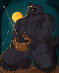 1boy 2023 anthro balls barazoku big_balls big_penis black_body black_fur canid canine canis cum cum_drip cum_dripping_from_penis erection fangs fucking_pumpkin fur furry gay genital_fluids hairy halloween hi_res highres holidays humanoid_genitalia humanoid_penis jack-o'-lantern jack_o'_lantern male male_focus male_only mammal manly masturbation muscular_anthro nipples orgasm penile penis pumpkin pumpkin_masturbation solo solo_male teeth teeth_visible werewolf wolf