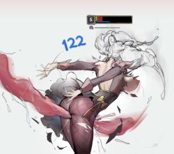 arched_back ass bow breasts brown_pantyhose cone_hair_bun female gwen_(league_of_legends) hair_bun health_bar large_breasts league_of_legends leaning_forward long_hair long_sleeves long_tongue nipples pantyhose redooo shiny_clothes solo_focus tahm_kench tongue torn_clothes white_background white_hair