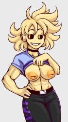 abs anthro big_breasts black_sclera dragon_ball dragon_ball_xenoverse female_majin kazaam_(krello_png) krello_after_dark lifting_shirt majin monster_girl original_character smiling_at_viewer unusual_skin_color