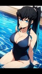 ai_generated bare_shoulders big_breasts black_hair blue_eyes blue_hair cleavage demon_slayer female_only genderswap_(mtf) hourglass_figure kimetsu_no_yaiba large_breasts long_hair looking_at_viewer muichiro_tokitou one-piece_swimsuit partially_submerged pixai ponytail pool pussy sitting solo_female thick_thighs thighs tokitou_muichirou