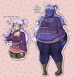 1girls belly_expansion big_belly big_breasts big_thighs black_legwear blue_hair blue_skin blueberry_inflation breast_expansion cleavage cleavage_cutout dialogue inflation light-skinned_female long_sleeves medium_breasts purple_hair purple_shirt ripped_clothing sile2011 tagme thin_waist wide_hips