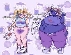 1girls belly_expansion big_belly big_breasts big_thighs blonde_hair blue_hair blue_shirt blue_skin blueberry_inflation breast_expansion cake dialogue dropping_food fork inflation light-skinned_female navel pink_legwear plate ripped_clothing sile2011 skin_color_change skin_turning_blue tagme twintails