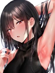 arm_up armpit_fetish armpit_focus armpits black_hair female looking_at_viewer open_mouth raised_arm red_eyes sleeveless steam sweat sweatdrop sweaty_armpits yuyu_(yuyuworks)