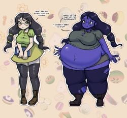 1girls belly_expansion big_belly big_breasts big_thighs black_hair black_stockings blue_hair blue_skin blueberry_inflation book breast_expansion button_down_shirt button_gap buttons dialogue glasses green_eyes green_shirt green_skirt holding_object inflation light-skinned_female navel nerd nerdy_female ripped_clothing sile2011 skin_color_change tagme twintails