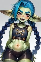 abdomen abs ai_generated alexandhotdogai arcane arcane_jinx blue_hair blush braid braids choker collar elf_ears exposed_midriff extremely_long_hair goblin goblin_female goblinification green_skin hip_dips jinx_(league_of_legends) league_of_legends long_hair navel pointy_ears pubic_mound red_eyes sharp_teeth short_shorts shorts small_breasts smile smiling spiked_collar stable_diffusion thick_thighs thick_thighs_save_lives thigh_gap tight_clothing tight_pants very_long_hair wide_hips