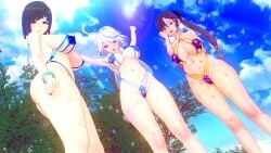 3girls bikini breasts codeyumi furina_(genshin_impact) genshin_impact mona_(genshin_impact) multiple_girls thick_thighs thighs yelan_(genshin_impact)