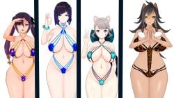 bikini breasts codeyumi dehya_(genshin_impact) genshin_impact jojo_reference leopard_print lynette_(genshin_impact) mona_(genshin_impact) thick_thighs yelan_(genshin_impact)