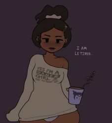 1girls clothed dark-skinned_female dark_skin female kuma_(kumasncreme) long_sleeve_shirt long_sleeves oversized_shirt panties solo thick_thighs tired tired_eyes uniimom