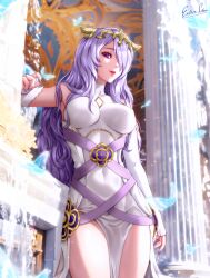 1girls alternate_costume artist_name bare_shoulders breasts bug butterfly camilla_(adrift)_(fire_emblem) camilla_(fire_emblem) commentary covered_navel detached_sleeves dress english_commentary esther-shen esther_shen fake_horns female female female_only fire_emblem fire_emblem_fates fire_emblem_heroes gold_horns hair_ornament hair_over_one_eye horns lips long_hair looking_at_viewer medium_breasts nintendo official_alternate_costume one_eye_covered parted_lips pelvic_curtain pink_lips purple_eyes purple_hair purple_nails solo water wavy_hair white_dress