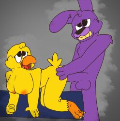 avian big_breasts bonnie_(fnaf) chica_(fnaf) classic_chica_(fnaf) cute duo felixmcfurry five_nights_at_freddy's flat_colour fnaf furry purple_fur straight