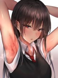 armpit_fetish armpit_focus armpits arms_above_head arms_behind_head arms_up black_hair female looking_at_viewer red_eyes school_uniform schoolgirl sweat sweaty_armpits yuyu_(yuyuworks)