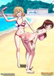 2girls ass bbmbbf beach bikini bikini_bottom bikini_bottom_down bikini_top blonde_hair blush bottomless bra breasts brown_hair embarrassed kanojo_okarishimasu mizuhara_chizuru multiple_girls nanami_mami palcomix panties_down pietros_secret_club pink_bikini red_bikini spanked spanking vagina