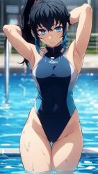 ai_generated armpits arms_behind_head arms_up ass bare_shoulders black_hair blue_eyes blue_hair demon_slayer genderswap_(mtf) hourglass_figure kimetsu_no_yaiba long_hair looking_at_viewer muichiro_tokitou one-piece_swimsuit partially_submerged ponytail pool thick_thighs thighs