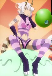 2017 animal_ears animal_tail anime_screencap belly belphegor_(nanatsu_no_taizai) clothing demon_girl demon_horns horns midriff monster_girl screencap screenshot sin_nanatsu_no_taizai stitched tail thick_thighs thighhighs thighs tnk_(company) tummy white_hair