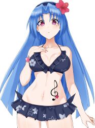 5pb_(neptunia) blue_hair blush breasts cleavage flower_in_hair front_view hand_on_chest light-skinned_female long_blue_hair long_hair looking_at_viewer mole_under_eye neptunia_(series) pink_eyes simple_background skirt solo zatsu