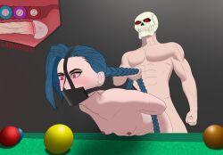 1boy 1boy1girl 1girls balls blue_hair bondage braid color cum cum_in_pussy cum_inside gag gagged grey_background jinx_(league_of_legends) larostin larostin_802-a league_of_legends muscular muscular_male object_in_ass object_insertion pink_eyes pool_table red_eyes skull small_breasts white_body x-ray