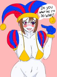 2023 2d 2d_(artwork) 2d_artwork artist_request big_breasts blush bra breasts brown_hair dialogue dialogue_bubble female glitch_productions gloves gooseworx jester jester_cap jester_costume jester_girl jester_hat jester_outfit looking_at_viewer pomni pomni_(the_amazing_digital_circus) short_hair sweat sweatdrop sweating the_amazing_digital_circus thick_thighs white_body