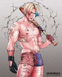 1boy abs baseball_bat biceps blonde_hair blood blue_eyes chest dc dc_comics earrings genderbend genderbent gloves harley_quinn male_focus male_only nipples otokobara pecs pectorals pierced_lip piercing pubic_tattoo see-through_panties tattoo tattoo_on_arm tattoo_on_belly tattoo_on_chest tattoo_on_legs tattooed_arm tattoos triceps underwear vein veins veiny_muscles veiny_penis