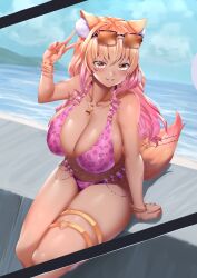 1girls beach big_breasts bikini breasts_bigger_than_head curecycadura fate/grand_order fate_(series) fox_girl huge_breasts peace_sign suzuka_gozen_(fate) suzuka_gozen_(swimsuit_rider)_(fate) swimsuit tagme