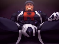 1boy bara beard black_bodysuit bodysuit brown_eyes bulge cabbie_hat clenched_hand cliff_(pokemon) commentary_request covered_penis crotch crotch_grab facial_hair foreshortening from_below gloves grin hat highres human human_only looking_at_viewer male_focus male_only masturbation masturbation_through_clothes muscular muscular_male pokemon pokemon_(game) pokemon_go sitting skin_tight smile solo team_go_rocket uniform white_gloves yowaifish