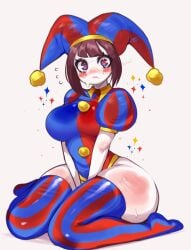 2023 2d 2d_(artwork) 2d_artwork big_breasts big_thighs brown_hair female fredek666 glitch_productions gloves gooseworx huge_thighs jester jester_cap jester_costume jester_girl jester_hat jester_outfit looking_at_viewer pomni_(the_amazing_digital_circus) short_hair sweat sweatdrop sweating the_amazing_digital_circus thick_thighs white_body