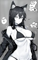 1girls 2023 ai_generated animal_ear_fluff animal_ears arknights belly belly_button big_breasts black_and_white bra breasts choker collarbone english_text gladiusfon gloves hi_res jacket_open kemonomimi looking_at_viewer navel simple_background solo texas_(arknights) text wolf_ears wolf_girl