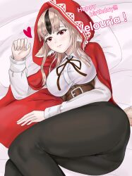 1girls ass big_ass breasts cat_neko_cat1 cloak clothed clothed_female female female_only fire_emblem fire_emblem_fates large_breasts looking_at_viewer nintendo on_bed pants pantylines red_eyes solo thank_you velouria_(fire_emblem) wolf_girl