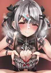 1boy 1girls black_bow black_dress black_hair black_nails blush bow breasts censored circussion cleavage cleavage_cutout closed_mouth clothing_cutout cum dress drill_hair ear_piercing female frilled_dress frills grey_hair hair_ornament hairbow hololive hololive_japan holox large_breasts light-skinned_female light-skinned_male light_skin looking_at_viewer medium_hair mosaic_censoring multicolored_hair nail_polish official_alternate_costume open_mouth paizuri paizuri_under_clothes piercing red_eyes sakamata_chloe sakamata_chloe_(3rd_costume) sleeveless sleeveless_dress smile streaked_hair twin_drills virtual_youtuber x_hair_ornament