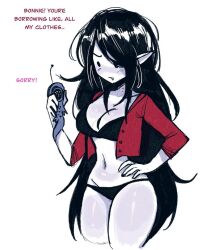 adventure_time almost_naked black_hair bottomless cleavage dark_hair fang grey_skin hourglass_figure large_breasts long_hair marceline megrocks monster_girl phone pointy_ears skimpy_panties tagme thick_thighs underwear vampire vampire_girl